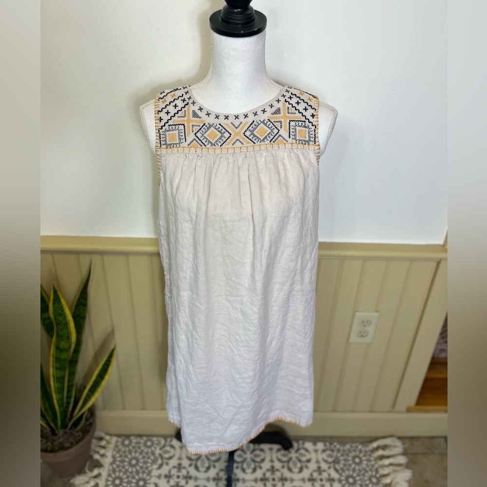 C&C California 100% Linen Embroidered Boho Shift Dress Cream S Beach Vacation